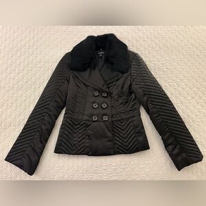 bebe Quilted Puffer Jacket - Black, Real Down Feather and Real Fur Collar